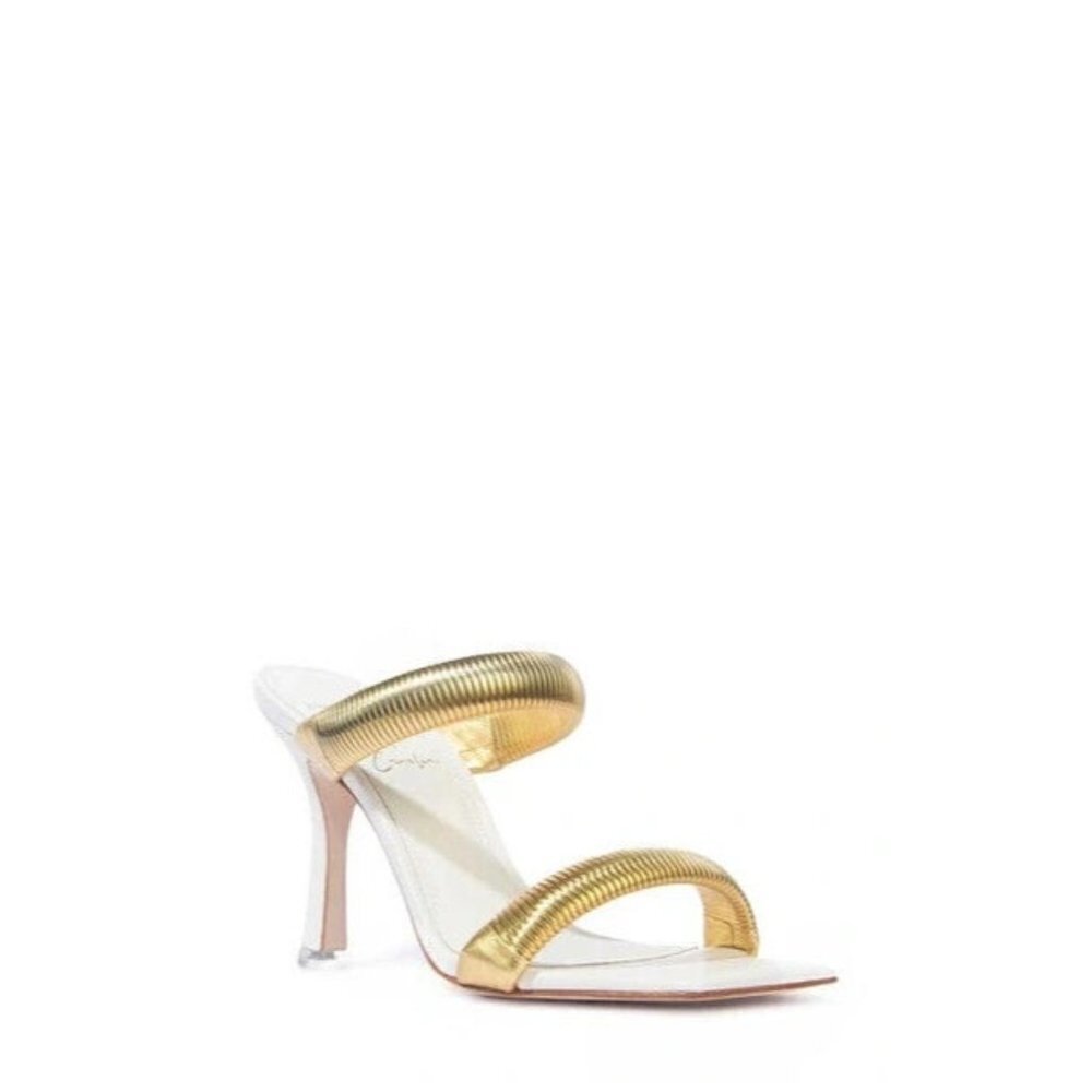 BLACK Suede Studio BNWT "Lisa" Dual Band Heels Gold White Sz 36 New Leather